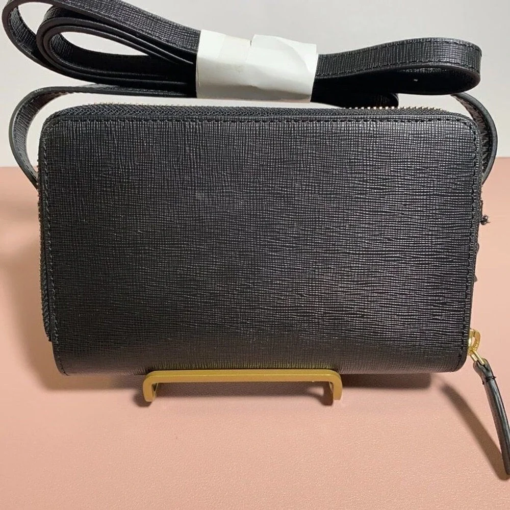 KIKO Crossbody Bag Black Saffiano Texture Gold Logo Zip Around OS - Picture 3 of 4